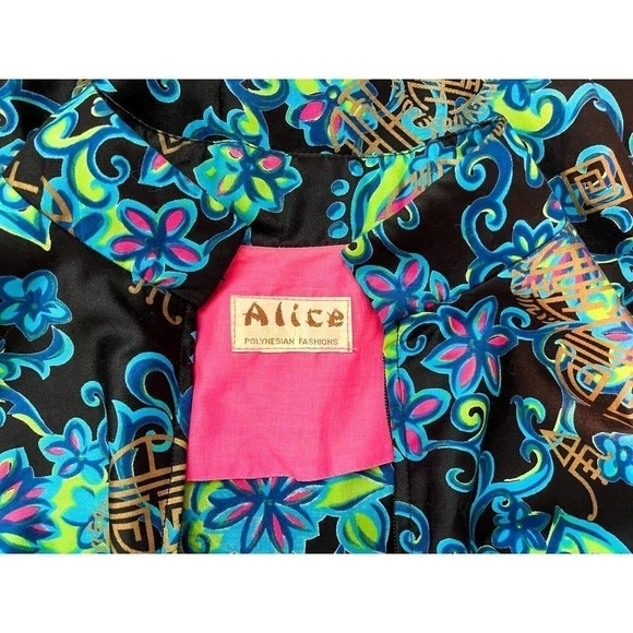 Alice Polynesian Womens Nehru Tiki Jacket Blue Floral Zip Up Mandarin Vintage M - Picture 9 of 12